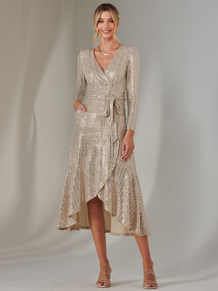Jolie Moi Natural Long Sleeve Metallic Spot Maxi Dress - Image 1 of 6