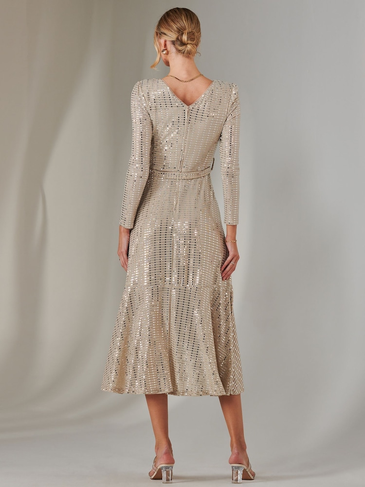 Jolie Moi Natural Long Sleeve Metallic Spot Maxi Dress - Image 2 of 6