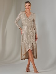 Jolie Moi Natural Long Sleeve Metallic Spot Maxi Dress - Image 4 of 6