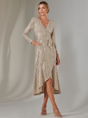 Jolie Moi Natural Long Sleeve Metallic Spot Maxi Dress - Image 5 of 6