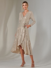 Jolie Moi Natural Long Sleeve Metallic Spot Maxi Dress - Image 6 of 6