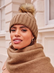 Lipsy Camel Cosy Cable Pom Beanie Hat With Wool - Image 1 of 3