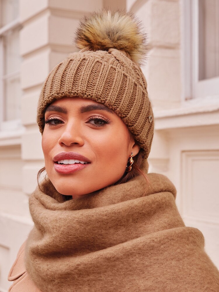 Lipsy Camel Cosy Cable Pom Beanie Hat With Wool - Image 1 of 3