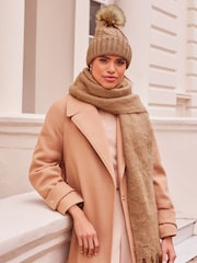 Lipsy Camel Cosy Cable Pom Beanie Hat With Wool - Image 2 of 3