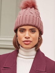 Lipsy Pink Cosy Cable Pom Beanie Hat With Wool - Image 1 of 4