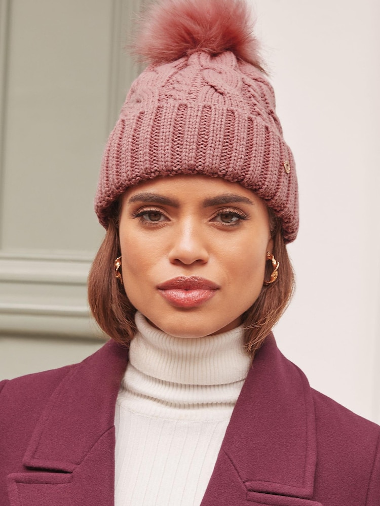 Lipsy Pink Cosy Cable Pom Beanie Hat With Wool - Image 1 of 4