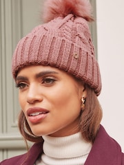 Lipsy Pink Cosy Cable Pom Beanie Hat With Wool - Image 2 of 4