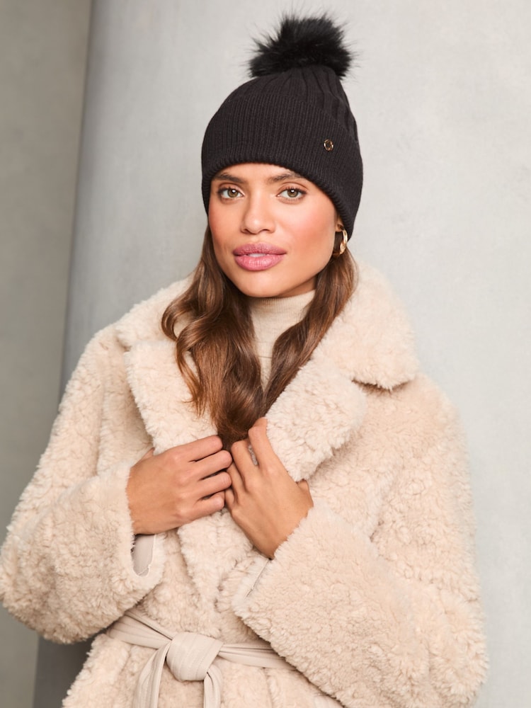 Lipsy Black Cosy Ribbed Pom Pom Beanie Hat With Wool - Image 1 of 4