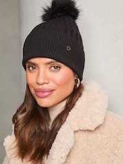 Lipsy Black Cosy Ribbed Pom Pom Beanie Hat With Wool - Image 2 of 4