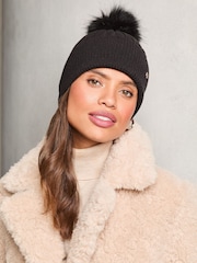 Lipsy Black Cosy Ribbed Pom Pom Beanie Hat With Wool - Image 3 of 4