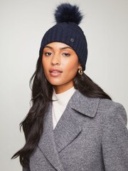 Lipsy Blue Cosy Cable Pom Beanie Hat With Wool - Image 1 of 4