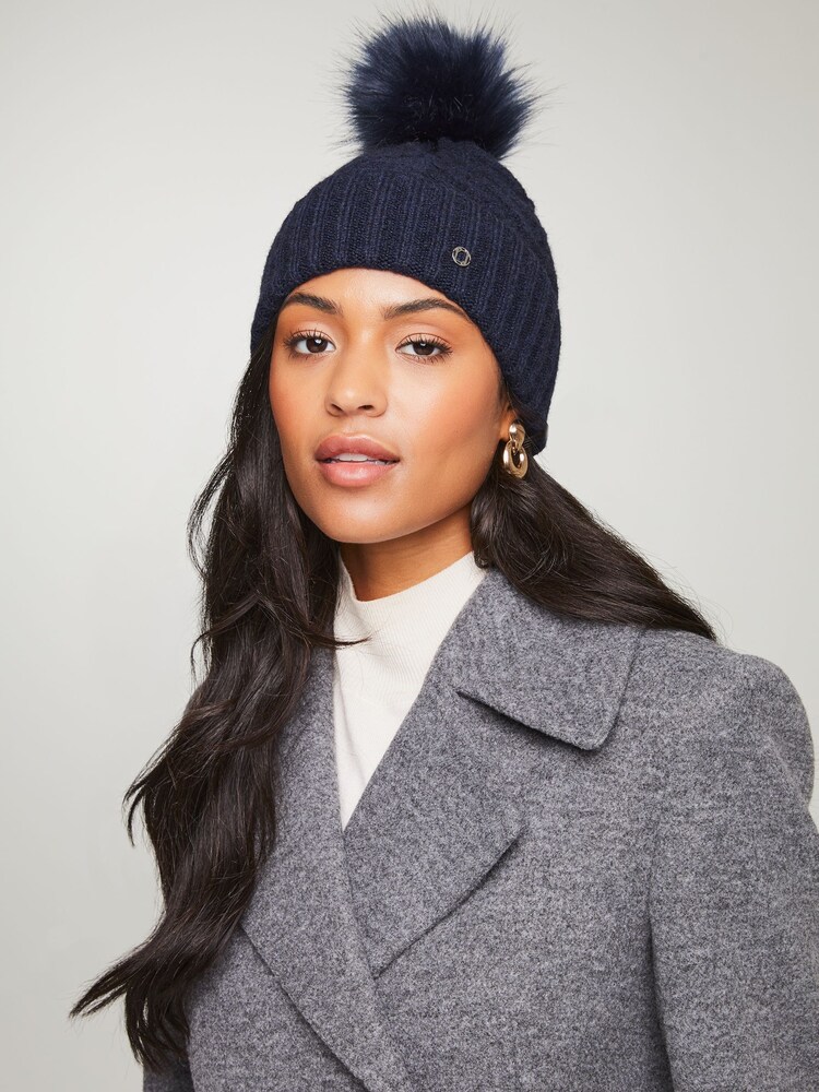 Lipsy Blue Cosy Cable Pom Beanie Hat With Wool - Image 1 of 4
