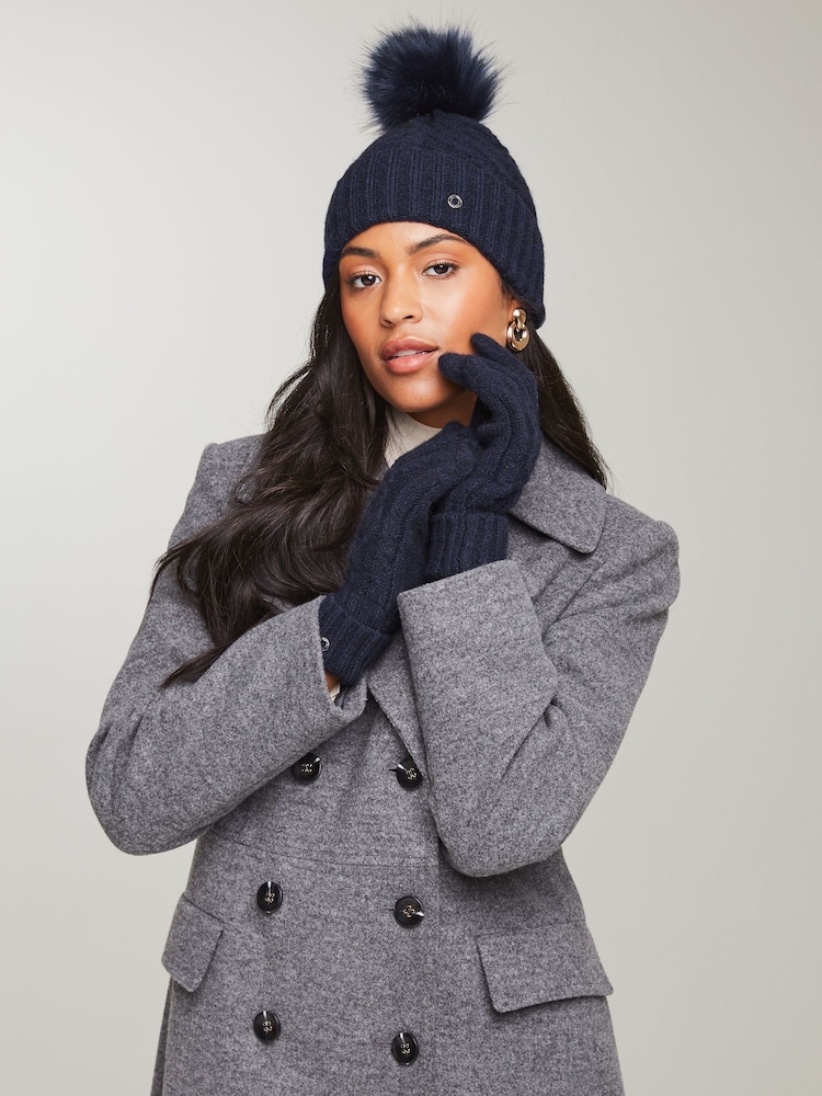 Lipsy Blue Cosy Cable Pom Beanie Hat With Wool - Image 2 of 4