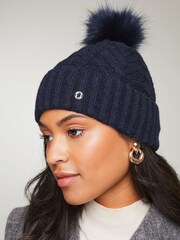 Lipsy Blue Cosy Cable Pom Beanie Hat With Wool - Image 4 of 4