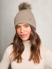 Lipsy Cream Cosy Ribbed Pom Pom Beanie Hat With Wool - Image 3 of 3