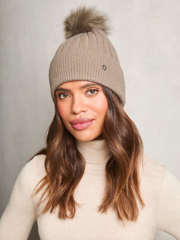 Lipsy Cream Cosy Ribbed Pom Pom Beanie Hat With Wool - Image 3 of 3