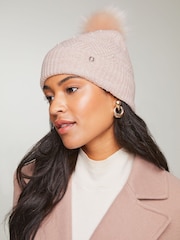 Lipsy Pink Cosy Pearl Detailing Pom Beanie Hat - Image 1 of 4