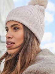 Lipsy Natural Cosy Cable Pom Beanie Hat With Wool - Image 2 of 4