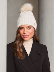 Lipsy Natural Cosy Cable Pom Beanie Hat With Wool - Image 3 of 4