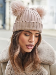 Lipsy Pink Cosy Ribbed Double Pom Beanie Hat - Image 1 of 3