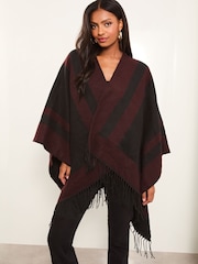 Lipsy Red Cosy Colour Block Cape with Tassels - Image 1 of 4