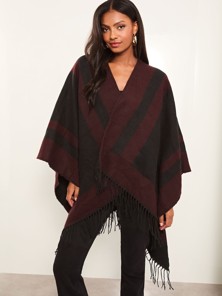 Lipsy Red Cosy Colour Block Cape with Tassels - Image 1 of 4