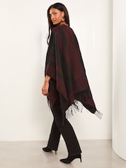 Lipsy Red Cosy Colour Block Cape with Tassels - Image 2 of 4