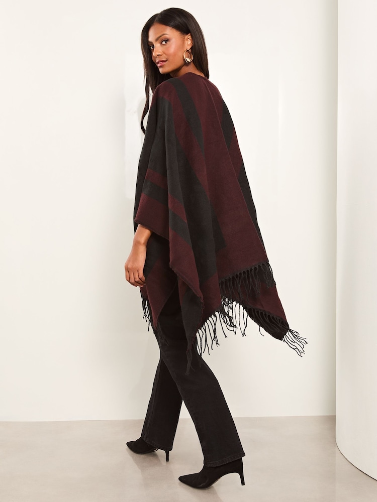 Lipsy Red Cosy Colour Block Cape with Tassels - Image 2 of 4 Lipsy Red Cosy Colour Block Cape with Tassels - Image 2 of 4