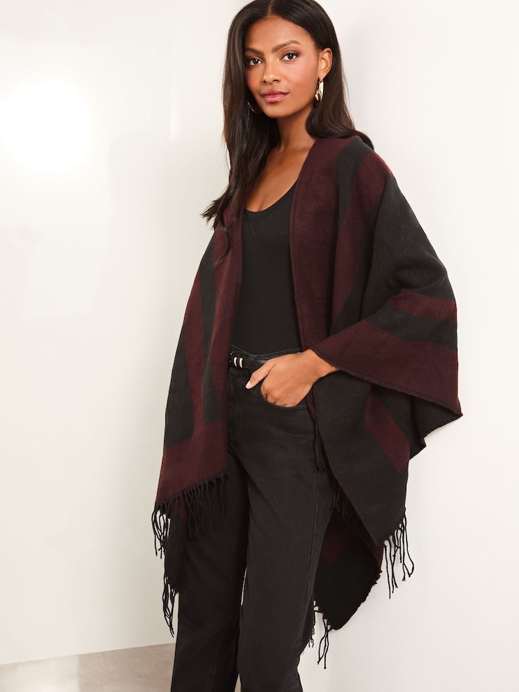 Lipsy Red Cosy Colour Block Cape with Tassels - Image 4 of 4