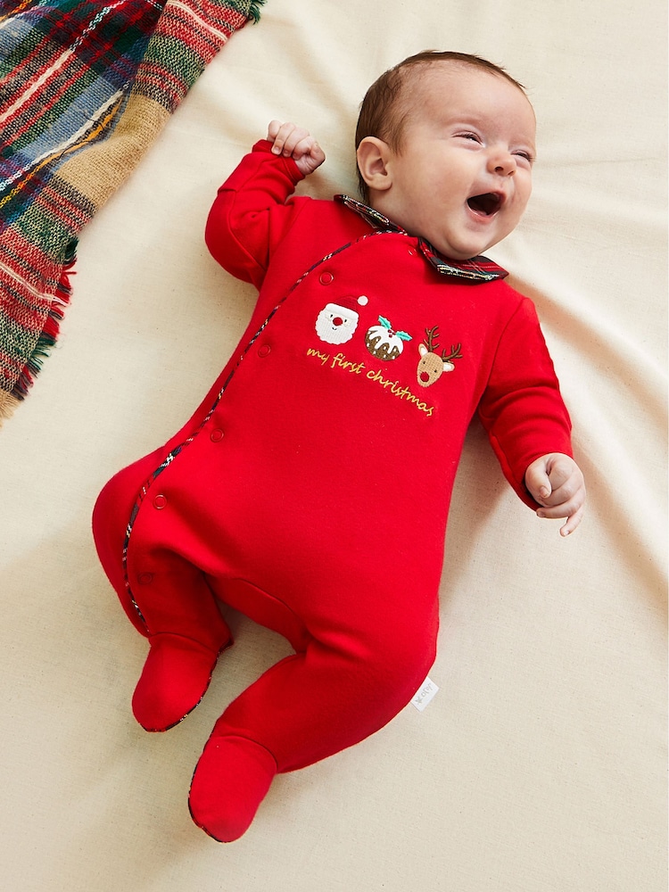 JoJo Maman Bébé Red Tartan Personalised My First Christmas 100% Cotton Sleepsuit - Image 1 of 5
