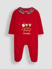 JoJo Maman Bébé Red Tartan Personalised My First Christmas 100% Cotton Sleepsuit - Image 3 of 5