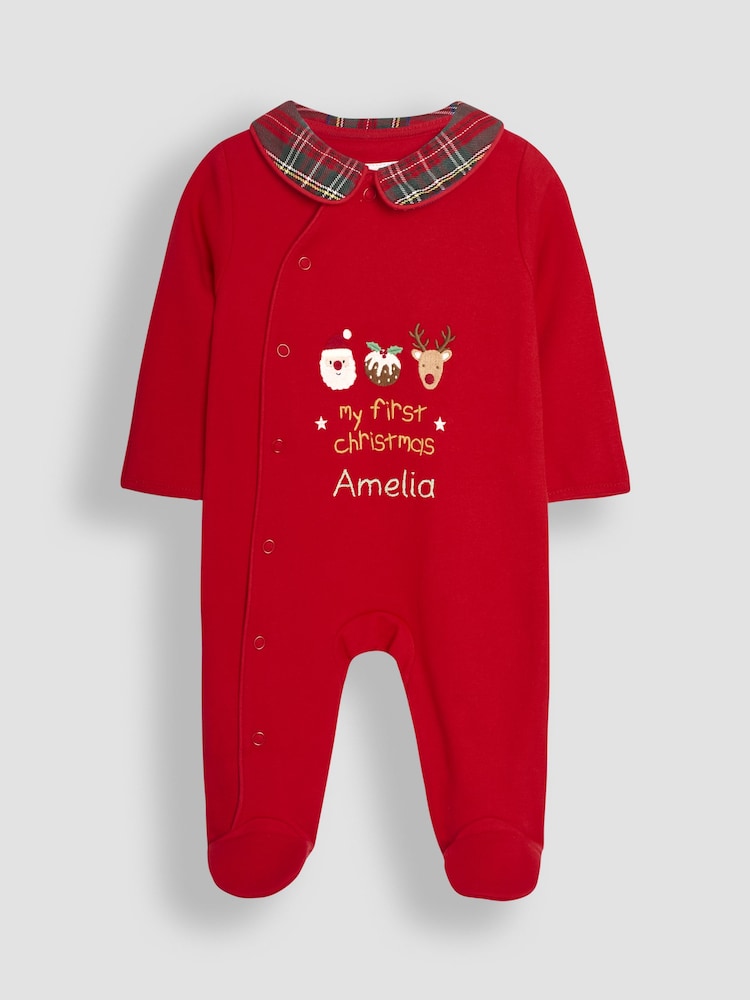 JoJo Maman Bébé Red Tartan Personalised My First Christmas 100% Cotton Sleepsuit - Image 3 of 5