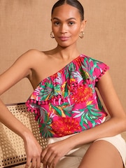 Love & Roses Pink Tropical One Shoulder Printed Top - Image 1 of 4