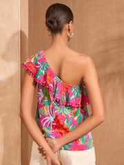 Love & Roses Pink Tropical One Shoulder Printed Top - Image 3 of 4