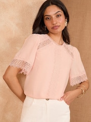 Love & Roses Blush Pink Short Sleeve Lace Insert Top - Image 1 of 4