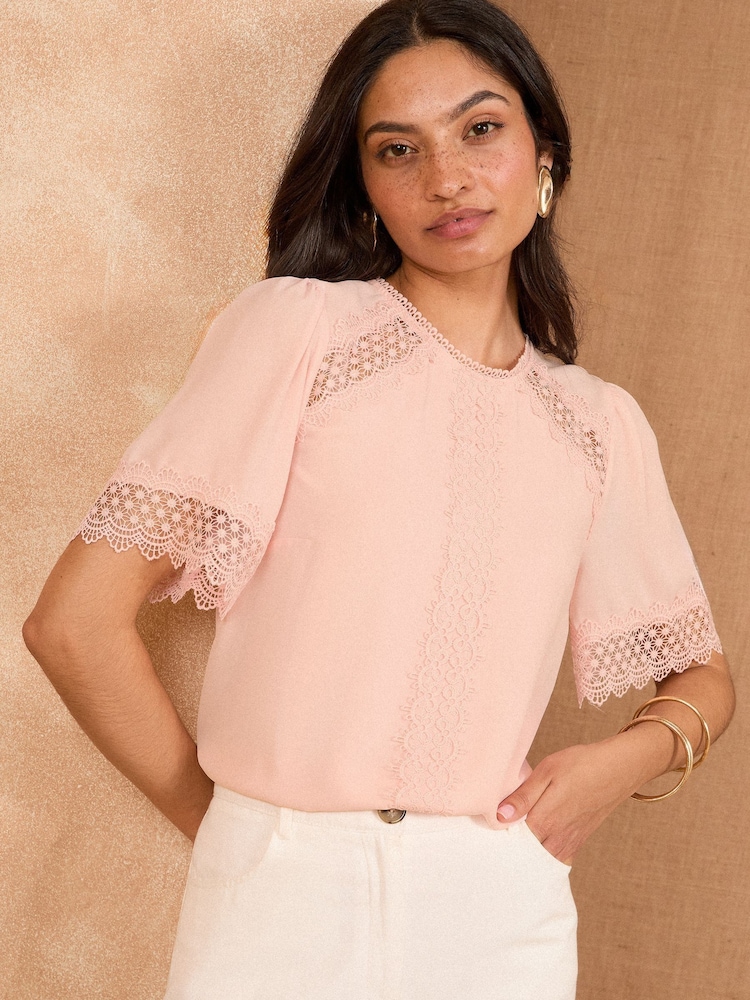 Love & Roses Blush Pink Short Sleeve Lace Insert Top - Image 1 of 4