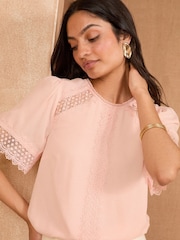 Love & Roses Blush Pink Short Sleeve Lace Insert Top - Image 2 of 4