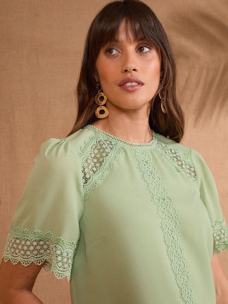 Love & Roses Mint Green Short Sleeve Lace Insert Top - Image 2 of 4