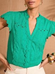 Verde - Love & Roses Ric Rac Short Sleeve 100% Cotton Top - Imagen 2 de 4