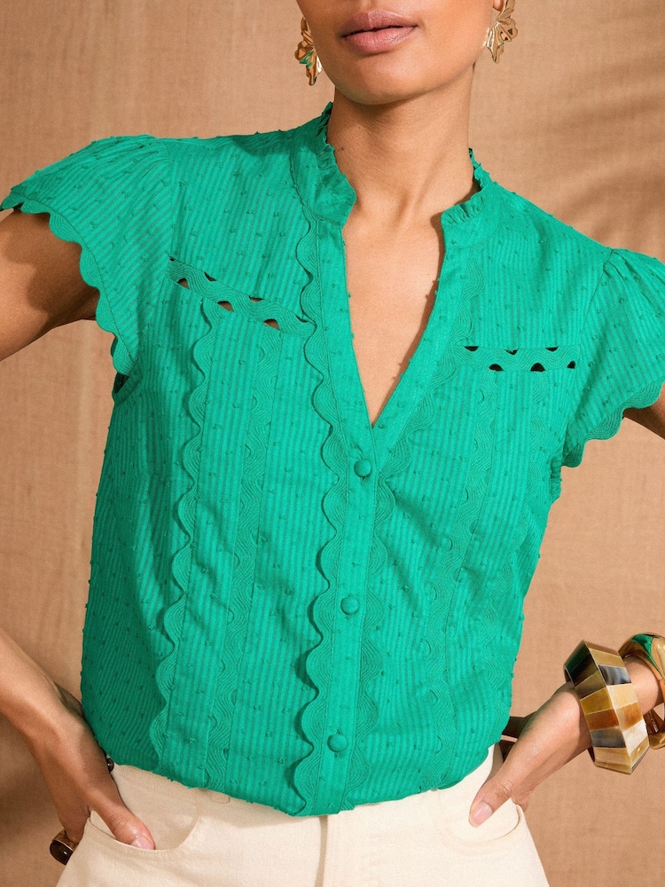 Verde - Love & Roses Ric Rac Short Sleeve 100% Cotton Top - Imagen 2 de 4