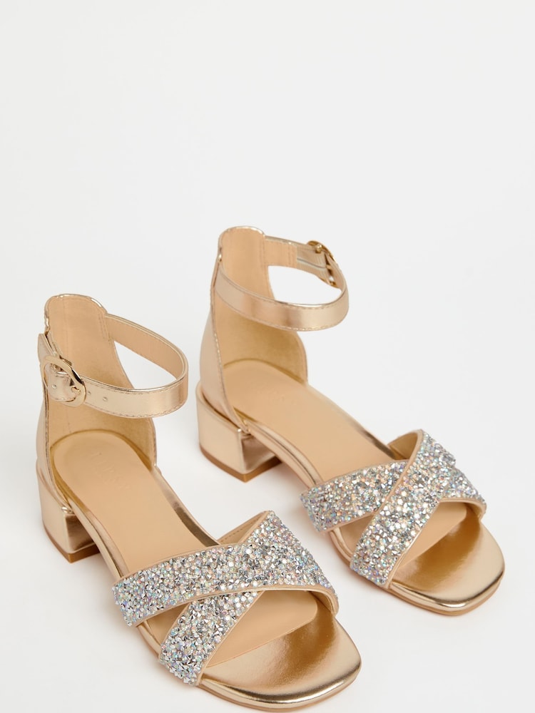 Lipsy Gold Low Block Heel Occasion Sandals - Image 1 of 4