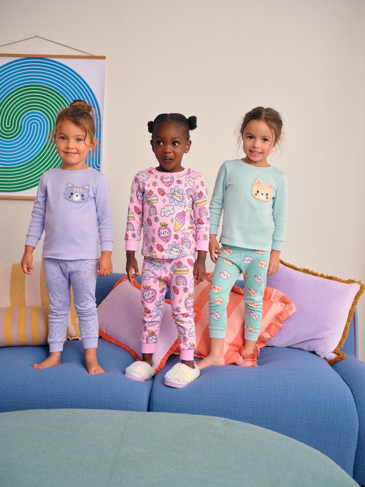 Purple Cat Print Snuggle Pyjamas 3 pack (9mths-10yrs) - Image 1 of 11 Purple Cat Print Snuggle Pyjamas 3 pack (9mths-10yrs) - Image 1 of 11