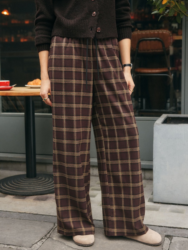 Brown Pull On Wide leg Check Trousers - Image 2 of 7