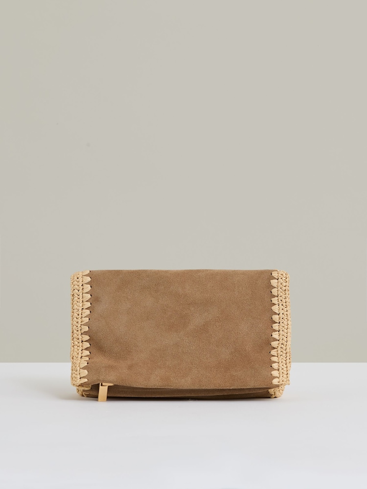 Reiss Tan Emie Suede Woven-Trim Clutch Bag - Image 1 of 5