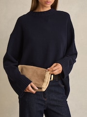 Reiss Tan Emie Suede Woven-Trim Clutch Bag - Image 2 of 5