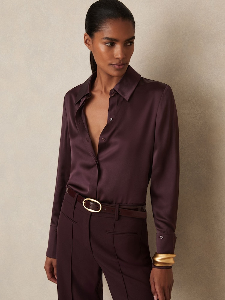 Reiss Red Hailey Silk Double-Cuff Button-Through Shirt - Image 1 of 6 Reiss Red Hailey Silk Double-Cuff Button-Through Shirt - Image 1 of 6
