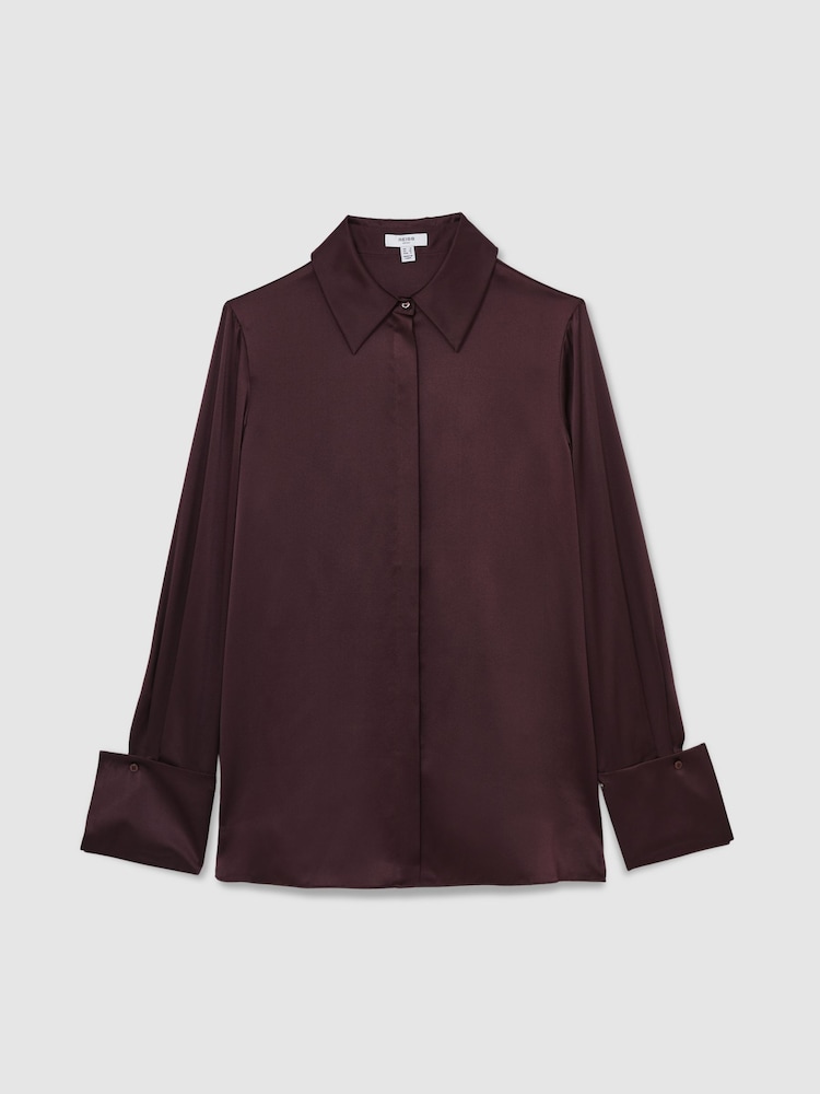 Reiss Red Hailey Silk Double-Cuff Button-Through Shirt - Image 2 of 6 Reiss Red Hailey Silk Double-Cuff Button-Through Shirt - Image 2 of 6