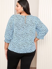 Friends Like These Blue Print Curve 3/4 Sleeve Shirred Cuff Blouse - Image 4 of 4