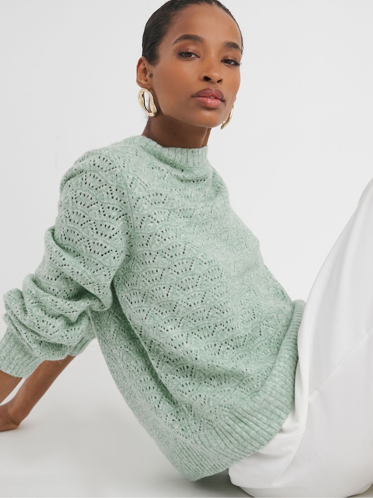 JD Williams Sage Green Open Stitch Crew Neck Knitted Jumper - Image 1 of 5 JD Williams Sage Green Open Stitch Crew Neck Knitted Jumper - Image 1 of 5