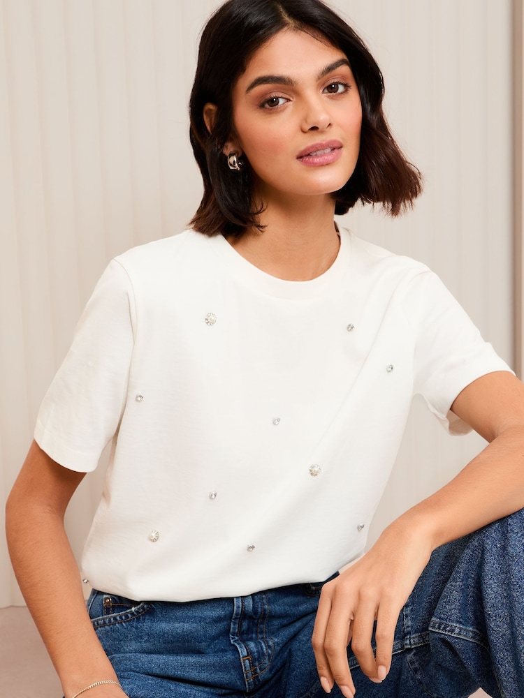 White - Friends Like These Short Sleeve Embellished Easy T-Shirt - Image 1 of 1